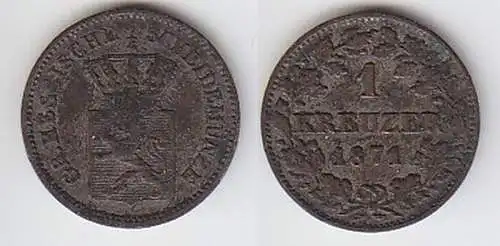 1 Kreuzer Silber Münze Hessen Darmstadt 1871