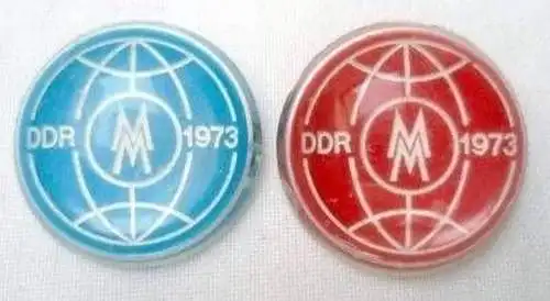 altes DDR Abzeichen Leipziger Messe 1973 rot und blau