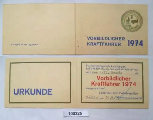 DDR Urkunde vorbildlicher Kraftfahrer 1974