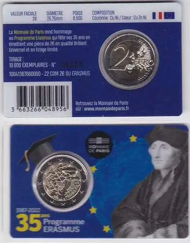 Frankreich 2 EURO Münze 2022 35 Jahre Erasmus-Programm Stgl. im Folder (167573)