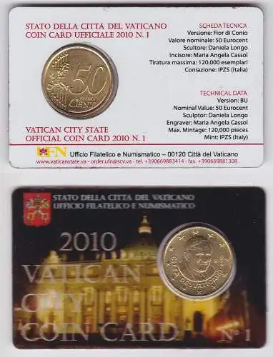 Vatikan 50 Euro Cent Münze 2010 Coincard No.1 Vatican City Euromünze (167582)