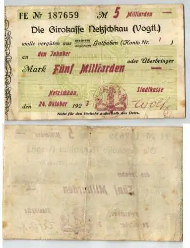 5 Milliarden Mark Banknote Inflation Girokasse Netzschkau 24.10.1923 (123530)