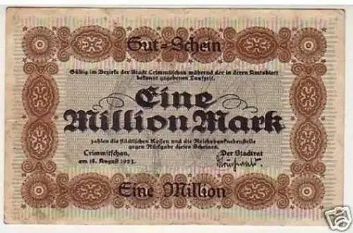 Banknote 1 Million M. Inflation Stadt Crimmitschau 1923