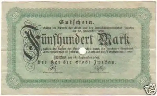 Banknote 500 Mark Großnotgeld Stadt Zwickau 1922