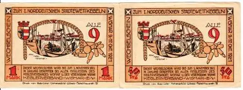 2 Banknoten Notgeld Wismar Keglerverband Kegler e.V. 1921 (108482)