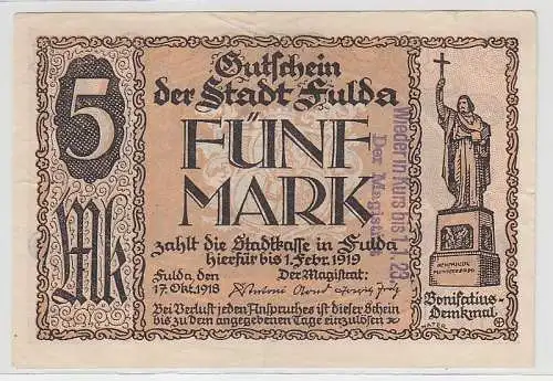 5 Mark Banknote Stadtkasse in Fulda 1918 mit Stempel wieder in Kurs 1929