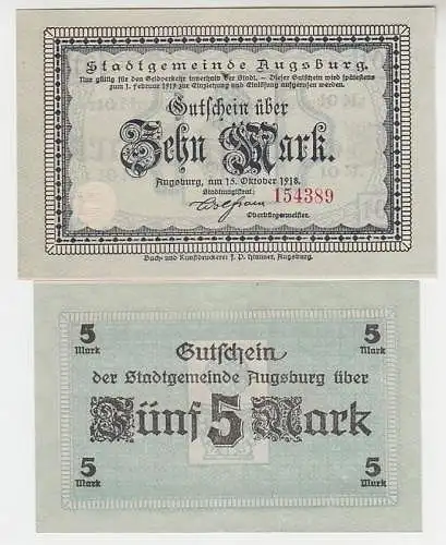 2 Banknoten 5 und 10 Mark Notgeld Gemeinde Augsburg 1918