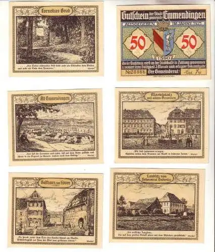 Kompl. Serie mit 6 Banknoten Notgeld der Stadt Emmendingen 1921