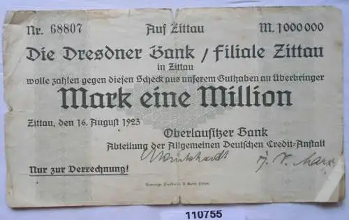 1 Million Mark Banknote Inflation Zittau Oberlausitzer Bank 16.8.1923 (110755)