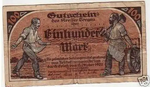 Banknote 100 Mark Inflation Kreis Torgau 1922