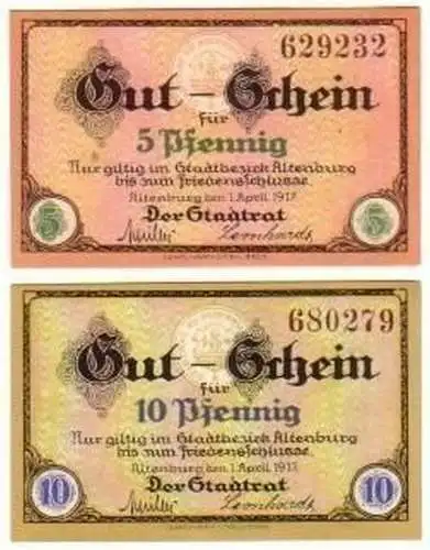 2 kassenfrische Banknoten Notgeld Stadt Altenburg 1917