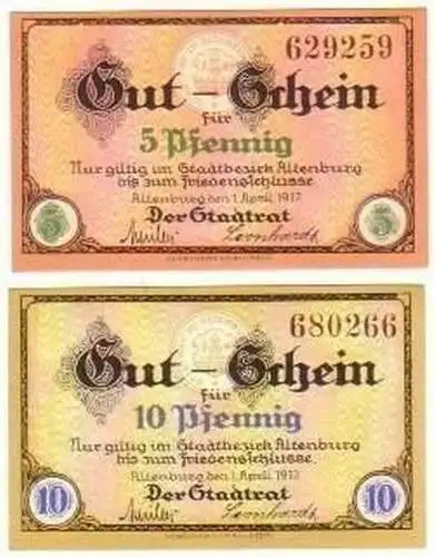 2 kassenfrische Banknoten Notgeld Stadt Altenburg 1917