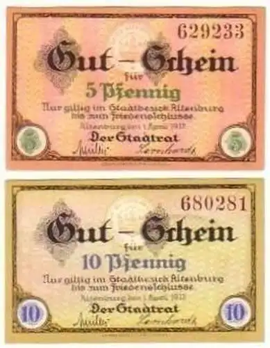 2 kassenfrische Banknoten Notgeld Stadt Altenburg 1917