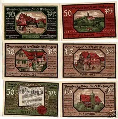 6 Banknoten Notgeld der Stadt Wasungen1921