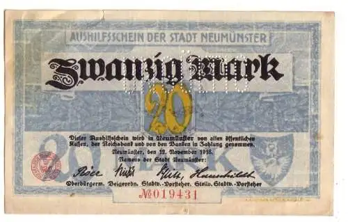 20 Mark Banknote Großnotgeld Stadt Neumünster 1918