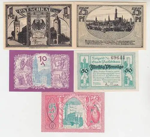 Kompl. Serie mit 5 Banknoten Notgeld Stadt Patschkau Paczkow 1921