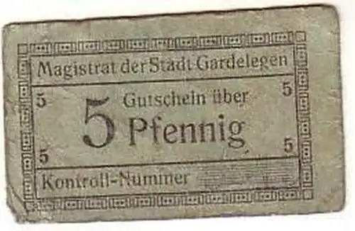 5 Pf. Banknote Notgeld Stadt Gardelegen um 1918