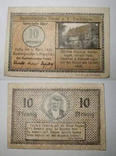 10 Pfennig Banknote Notgeld Kaufm. Verein Gardelegen