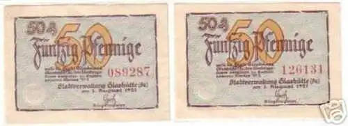 2 Banknoten Notgeld Stadt Glash.GUB 1921