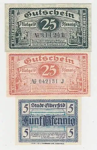 Kompl. Serie mit 3 Banknoten Notgeld Stadt Elberfeld 1919