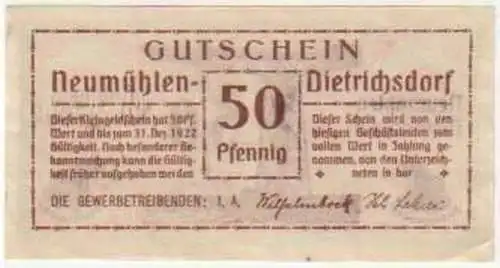 50 Pfennig Banknote Notgeld Neumühlen Dietrichsdorf1922