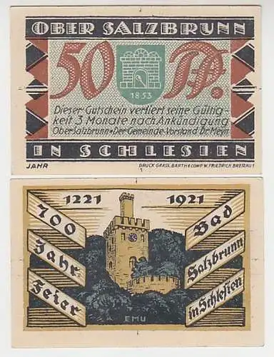 2 Banknoten Notgeld Gemeinde Obersalzbrunn Ladza Schlesien 1921