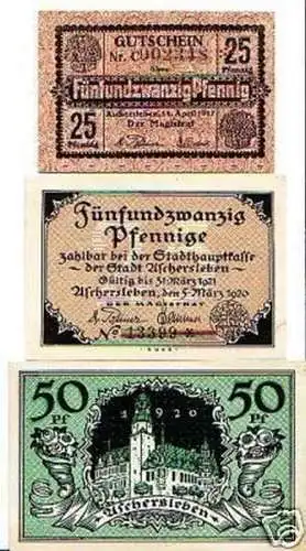 3 Banknoten Notgeld Aschersleben 1917 und 1920