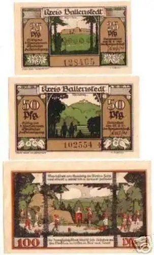 3 Banknoten Notgeld des Kreis Ballenstedt 1921