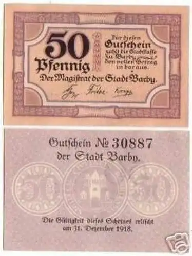 2 Banknoten Notgeld Stadt Barby 1918