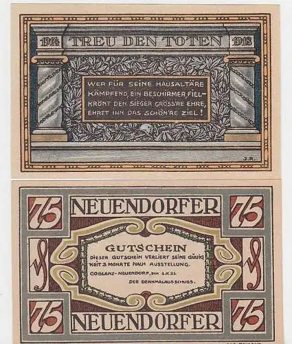 2 Banknoten Notgeld Coblenz Neuendorf Dnkmalausschuß 1921