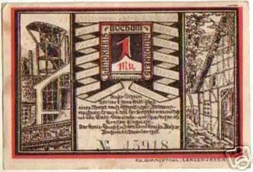 1 Mark Banknote Notgeld Landkreis Bochum 1921