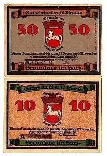 2 Banknoten Notgeld Gemeinde Braunlage in Harz 1921