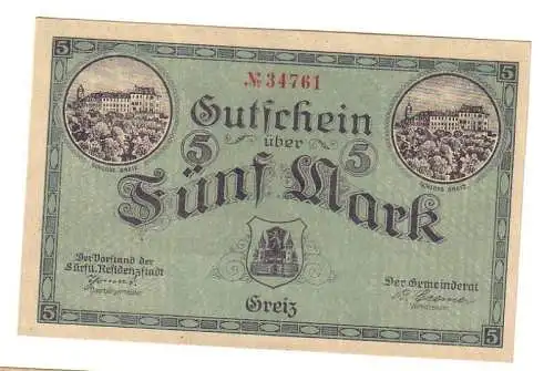 5 Mark Banknote Groß-Notgeld der Stadt Greiz 1918