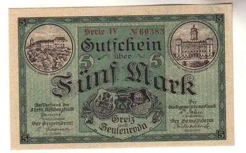 5 Mark Banknote Groß-Notgeld der Städte Greiz Zeulenroda 1918