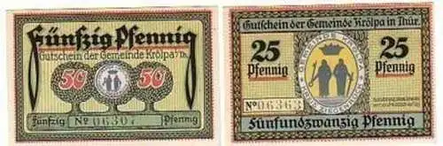 2 kassenfrische Banknoten Notgeld Gemeinde Krölpa 1921