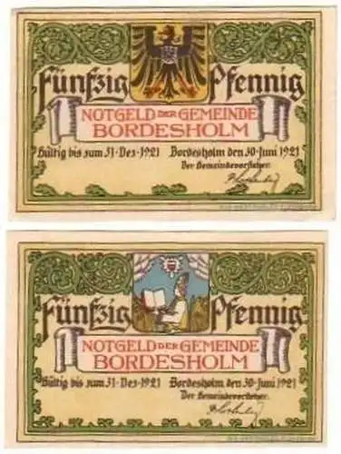 2 Banknoten Notgeld Gemeinde Bordeholm 1921