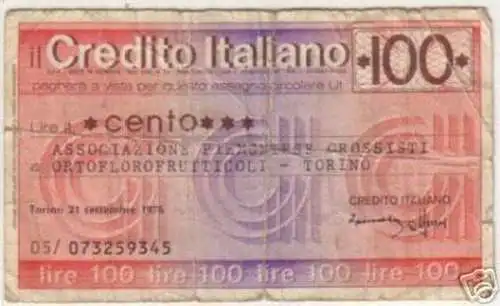 100 Lire Banknote Credito Italiano 1976