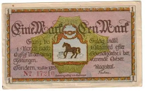 1 Mark Banknote Notgeld Stadt Tondern in Schleswig 1920