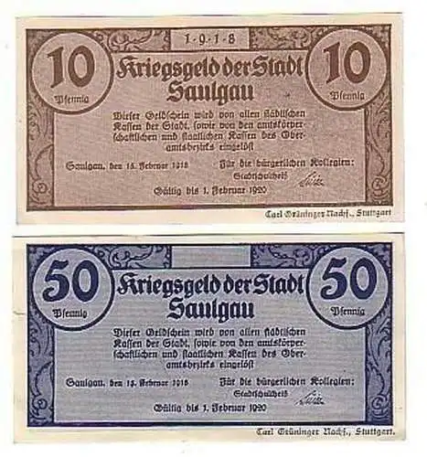 2 Banknoten Kriegs Notgeld Stadt Saulgau 1918