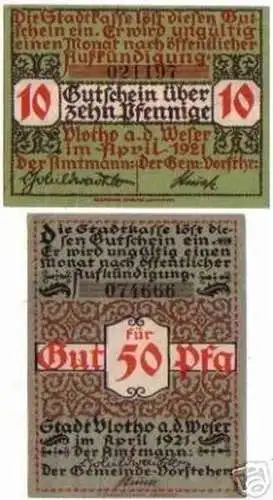 2 Banknoten Notgeld Stadt Vlotho a.d.Weser 1921