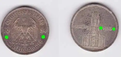 5 Mark Silber Münze 3. Reich Garnisonkirche mit Datum 1934 D Jäger 356 (132860)