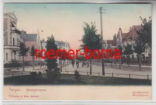 75788 handkolorierte Künstlerkarte Torgau Bahnhofstrasse 1908