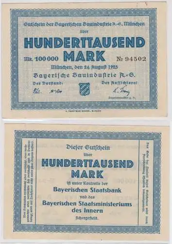 100000 Mark Banknote Bayerische Bauindustrie München 24.8.1923 (137939)