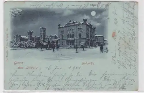 74767 Mondscheinkarte Gruß aus Leipzig Bahnhöfe 1901