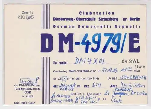 19450 QSL Karte Amateur Funker DDR Clubstation Diesterweg Oberschule Strausberg