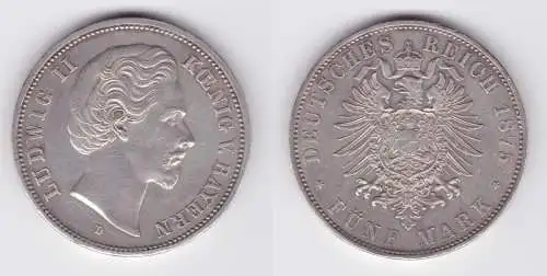 5 Mark Silbermünze Bayern König Ludwig II 1875 D Jäger 42 vz  (162549)