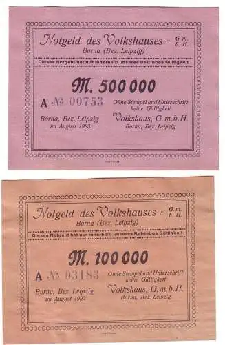 2 Banknoten Inflation Notgeld des Volkshauses Borna bei Leipzig 1923 (113313)