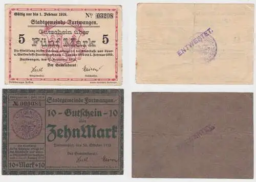 5 & 10 Mark Banknoten Notgeld Stadtgemeinde Furtwangen 1918 (132038)