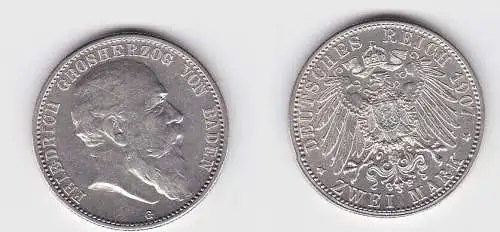 2 Mark Silbermünze Baden Großherzog Friedrich 1907 Jäger 32  (130869)