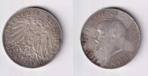 3 Mark Silbermünze Bayern König Ludwig III 1914 Jäger 52 ss (143031)